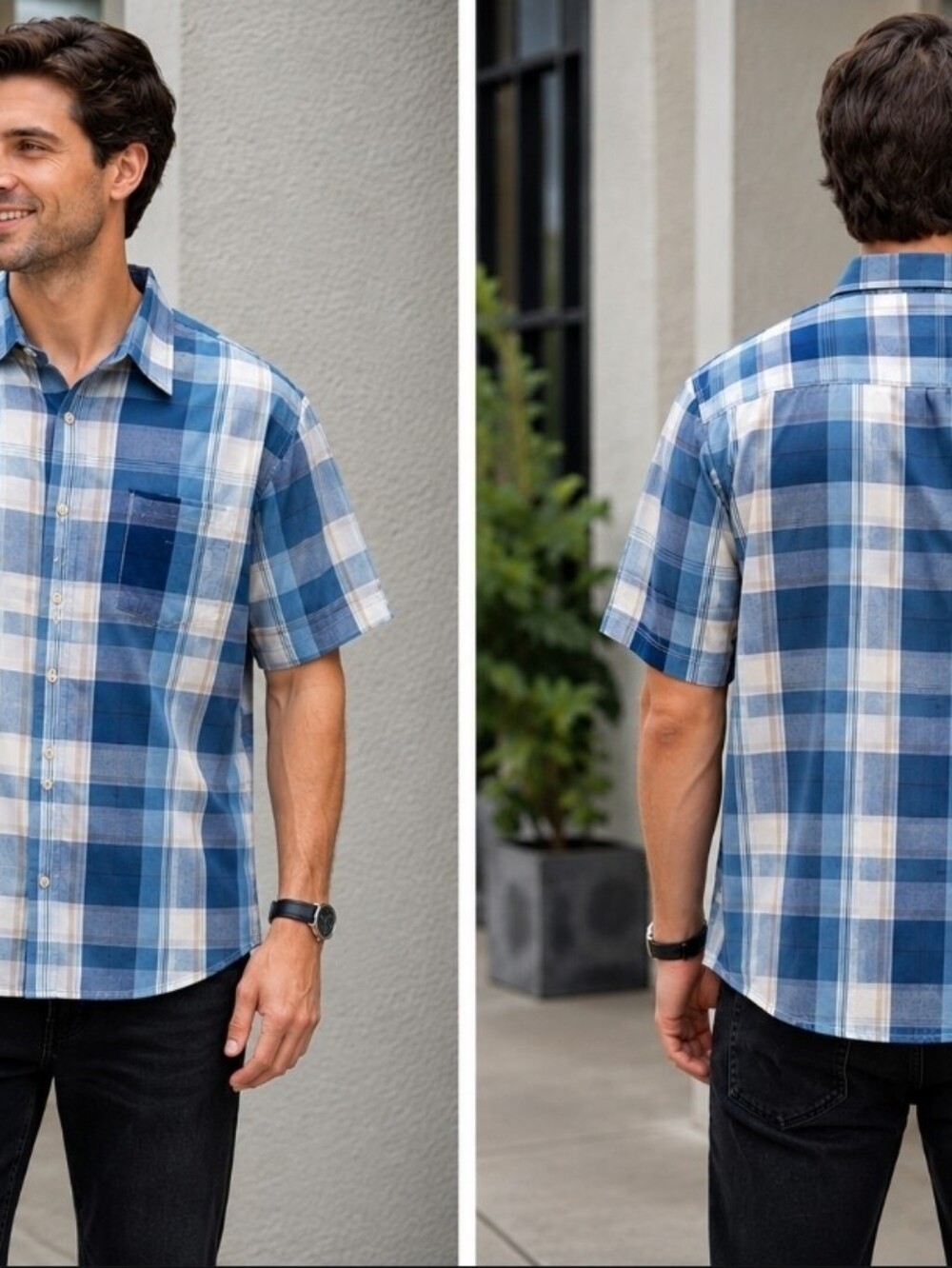 Timberland Men’s Blue Plaid Short-Sleeve Button-Up Shirt